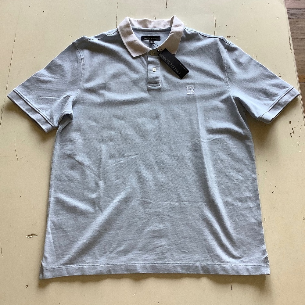 NWT Banana Republic 100% Cotton light Blue White collar Pique polo shirt Medium